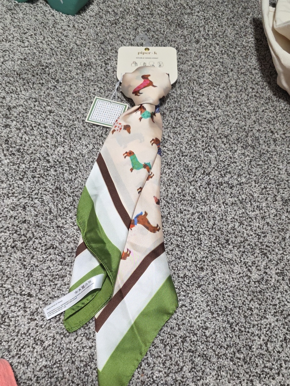Piper + I Dachshund Print Silk Scarf in Green and Cream